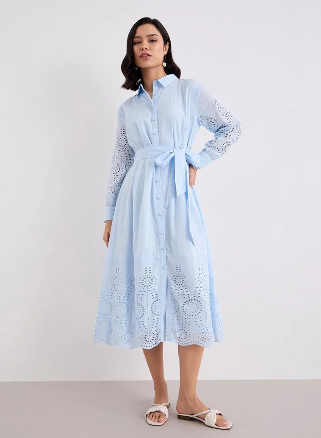 Styli Styli Light Blue Schiffli Shirt Midi Dress