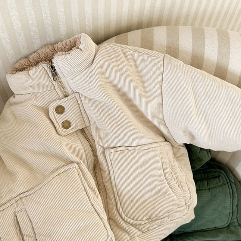 Korean version of winter childrens new coat boys and girls fashion corduroy plush padded warm jacket coat Green  - Image 2