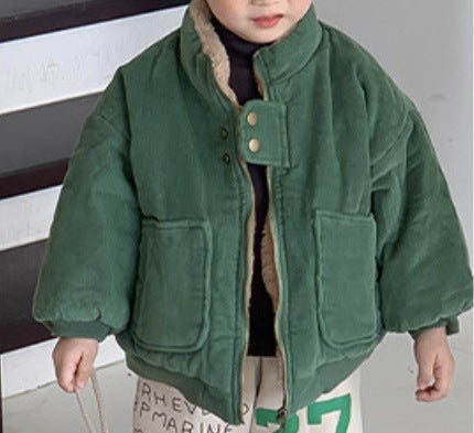 Korean version of winter childrens new coat boys and girls fashion corduroy plush padded warm jacket coat Green  - Image 1