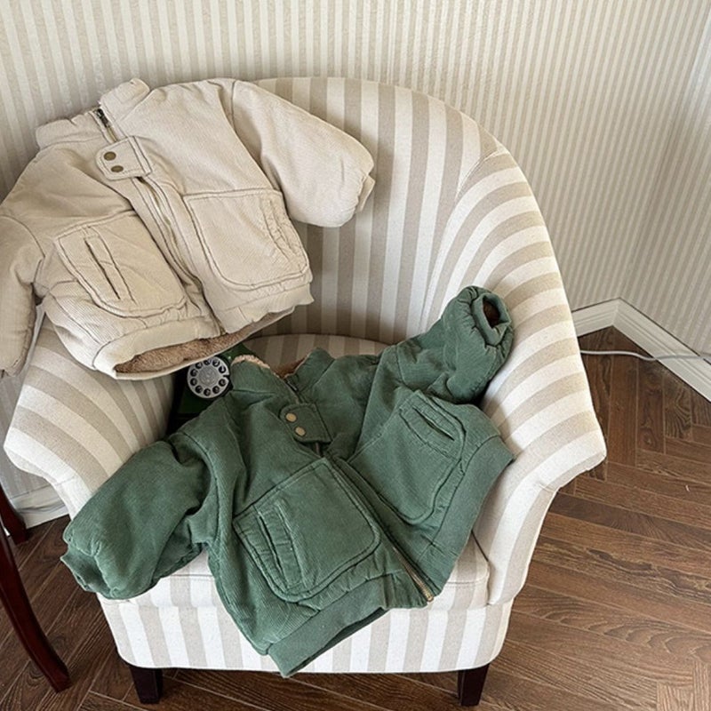 Korean version of winter childrens new coat boys and girls fashion corduroy plush padded warm jacket coat Green  - Image 3