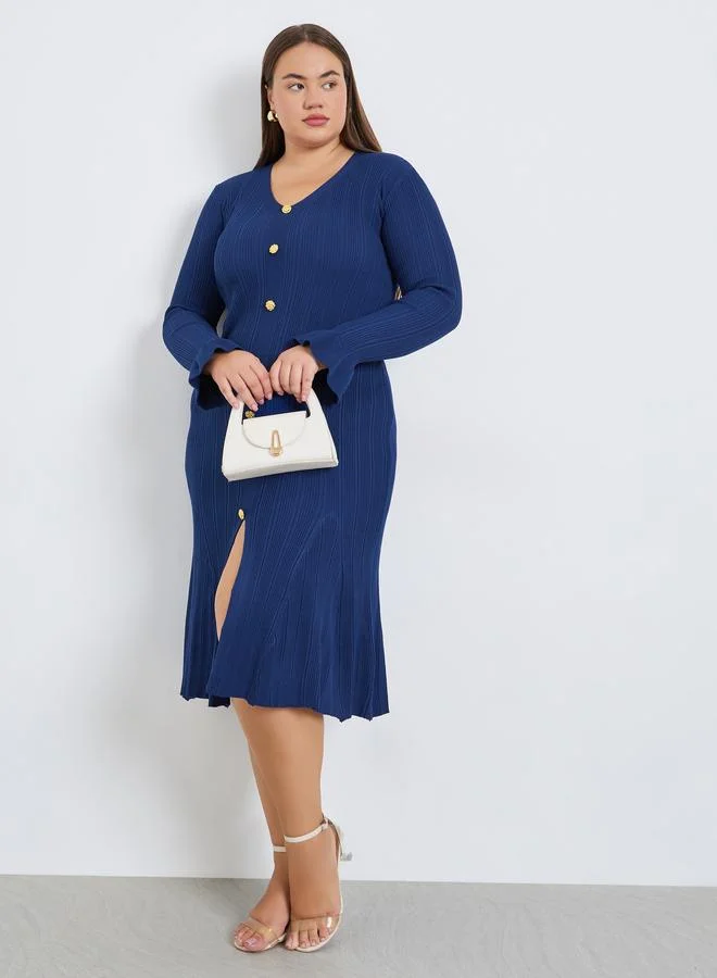 Styli Plus Size Ribbed Knit Button Detail Midi Dress