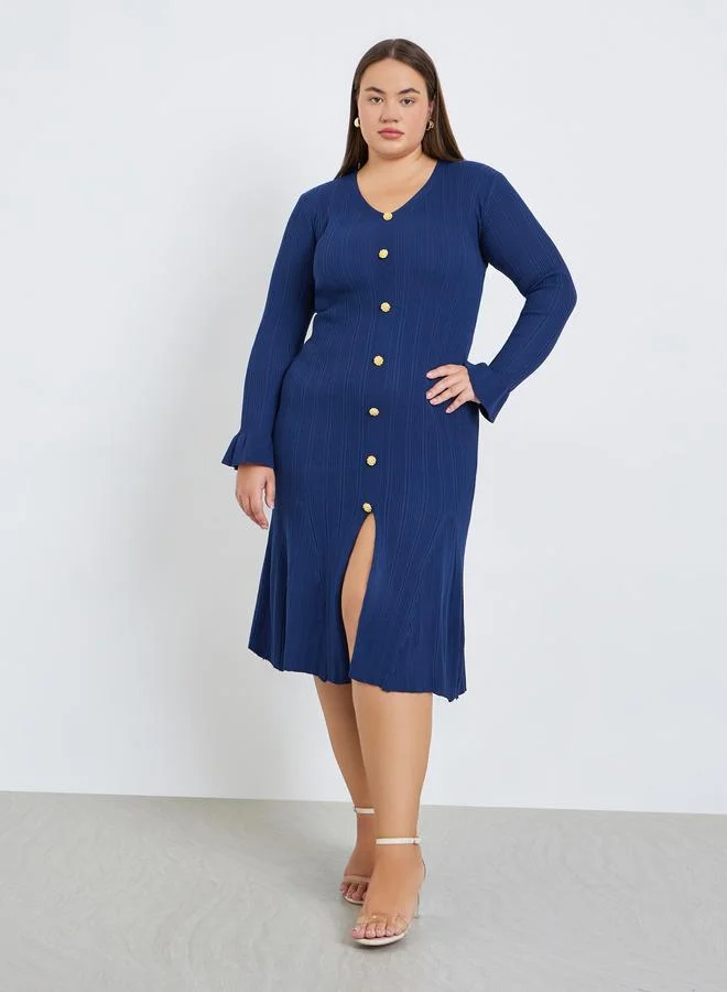 Styli Plus Size Ribbed Knit Button Detail Midi Dress