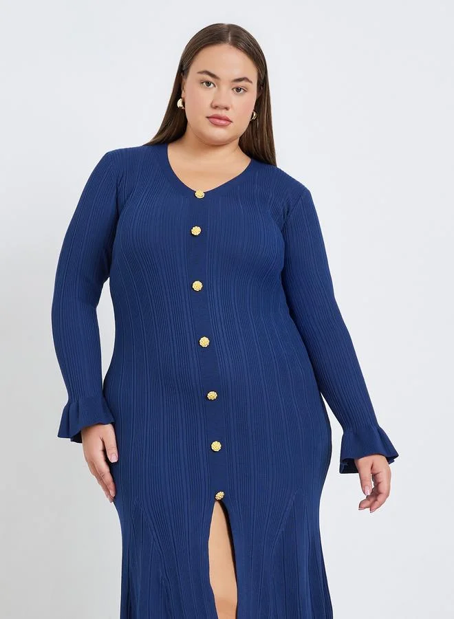 Styli Plus Size Ribbed Knit Button Detail Midi Dress