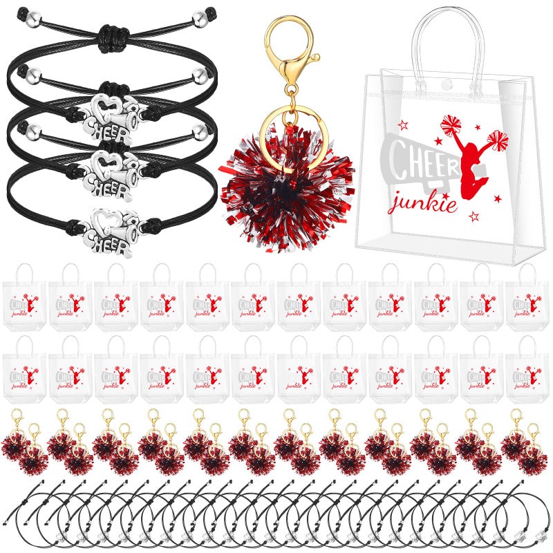 Landical 72 Pcs Cheerleading Gifts Set 24 Cheer Bags 24 Pom Pom Keychain 24 Cheerleader Bracelet PVC Transparent Tote Bags Bulk Accessories for Women Teammate Team Coach Gift - Image 2