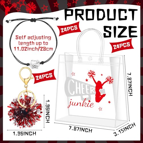 Landical 72 Pcs Cheerleading Gifts Set 24 Cheer Bags 24 Pom Pom Keychain 24 Cheerleader Bracelet PVC Transparent Tote Bags Bulk Accessories for Women Teammate Team Coach Gift - Image 3