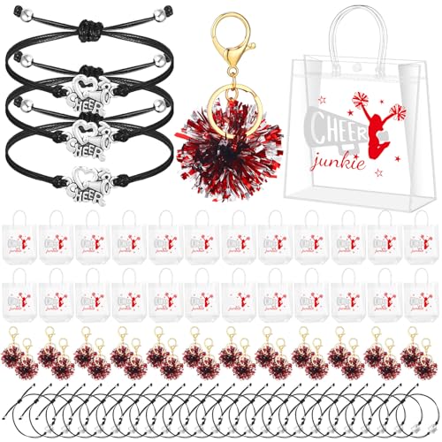 Landical 72 Pcs Cheerleading Gifts Set 24 Cheer Bags 24 Pom Pom Keychain 24 Cheerleader Bracelet PVC Transparent Tote Bags Bulk Accessories for Women Teammate Team Coach Gift - Image 1