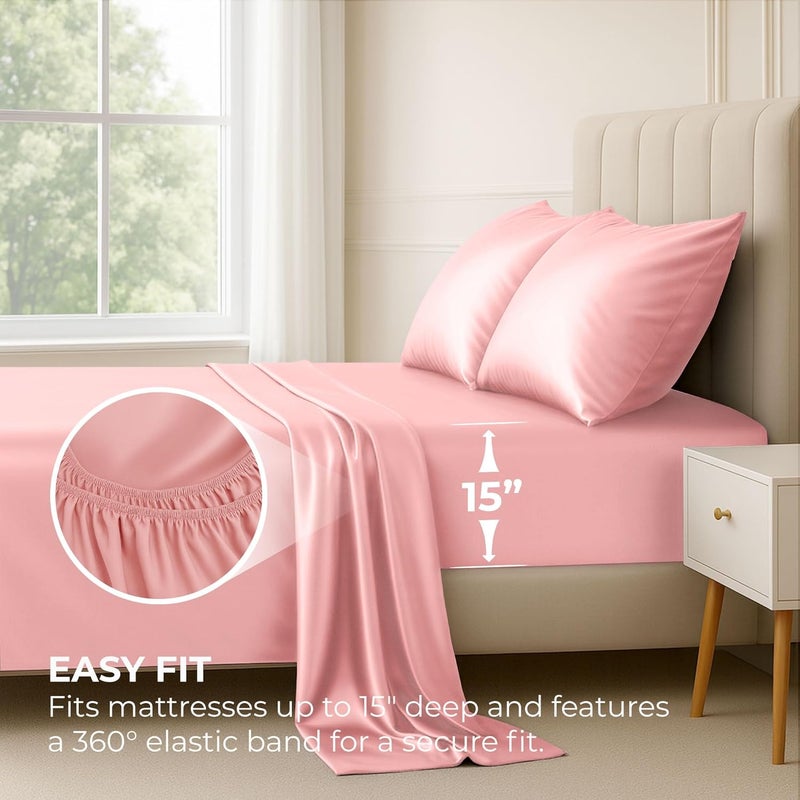 Pure Bedding Satin Sheets Queen [4-Piece, Pink] Hotel Luxury Silky Bed Sheets - Extra Soft 1800 Microfiber Sheet Set, Wrinkle, Fade, Deep Pocket Fitted Sheet, Flat Sheet, Pillow Cases - Image 3