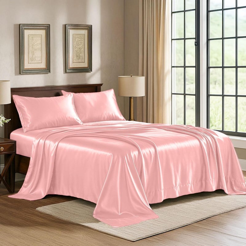 Pure Bedding Satin Sheets Queen [4-Piece, Pink] Hotel Luxury Silky Bed Sheets - Extra Soft 1800 Microfiber Sheet Set, Wrinkle, Fade, Deep Pocket Fitted Sheet, Flat Sheet, Pillow Cases - Image 1