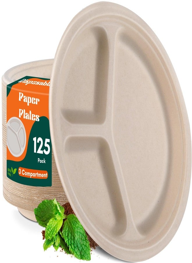 Loccmat 3 Compartment Paper Plates,125 Pack Disposable Paper Plate,10 Inch Compostable Plates,Heavy Duty Biodegradable Plate for BBQ,Lunch,Picnic,Party,Dinner,Daily Meals(Natural) - Image 1