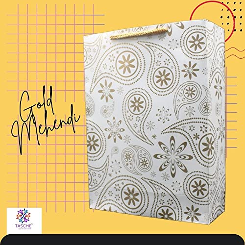 TASCHE Gold Mehendi and Gold Chakras Design Printed Assorted Gift Paper Bags | Gift Bags for Return gifts, and Birthday Holliday presents (11 * 8 * 3 Inches) (Pack of 10) - Image 2