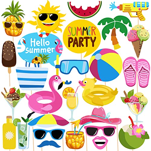 Zyozique 28 Summer PhotoBooth Props - Pool & Beach Party Favors for Baby Shower, Birthday & Hawaii Props - Image 1