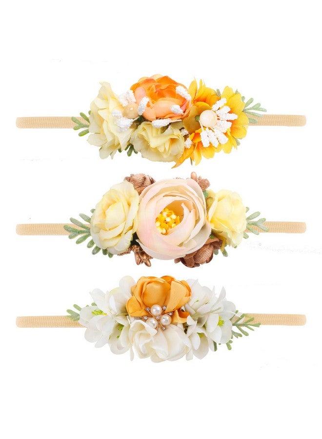mligril Baby Girl Floral Headbands- 3pcs Nylon Headband Handmade Flower Crown Elastic Hairband Newborn Toddler Hair Accessories Gifts for Girls （1-6 years old） - Image 1