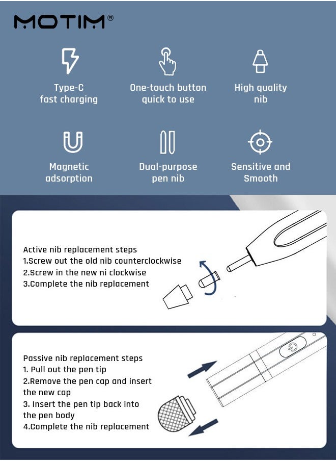 موتيم - قلم Stylus مطور، قلم رصاص مطور، قلم iPad، حساسية فائقة الدقة، مضاد للمس عالمي، امتصاص مغناطيسي للشحن المباشر لأنظمة Apple ios وAndroid وWindows - Image 1
