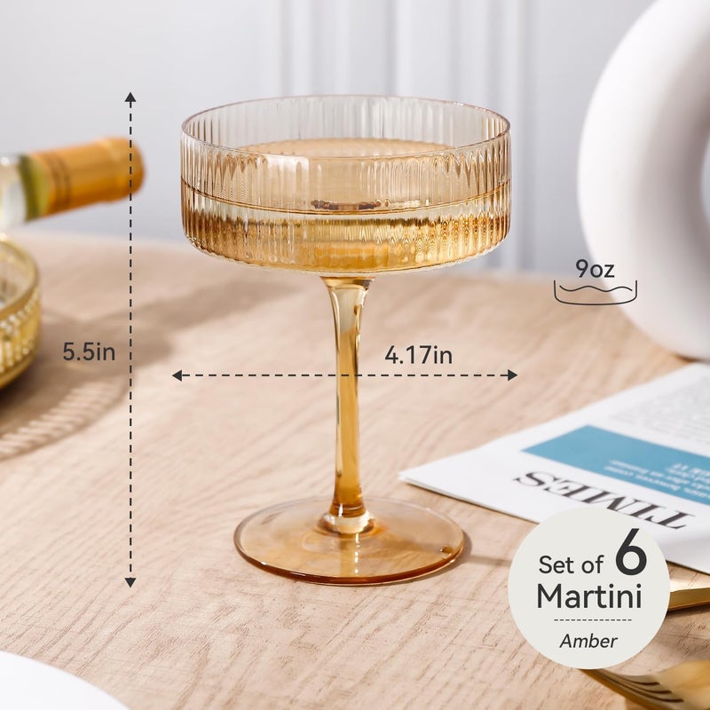 Cyrelwing Amber martini glasses Vintage Art Deco Amber Coupe Glasses Set of 6 Ribbed Martini Cocktail Glasses 9 oz|Vintage Cocktail Glasses Set,Unique Pink Coupe Glass, Classic Cocktail Galssware - Image 4