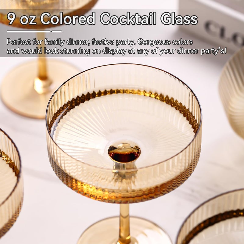 Cyrelwing Amber martini glasses Vintage Art Deco Amber Coupe Glasses Set of 6 Ribbed Martini Cocktail Glasses 9 oz|Vintage Cocktail Glasses Set,Unique Pink Coupe Glass, Classic Cocktail Galssware - Image 5