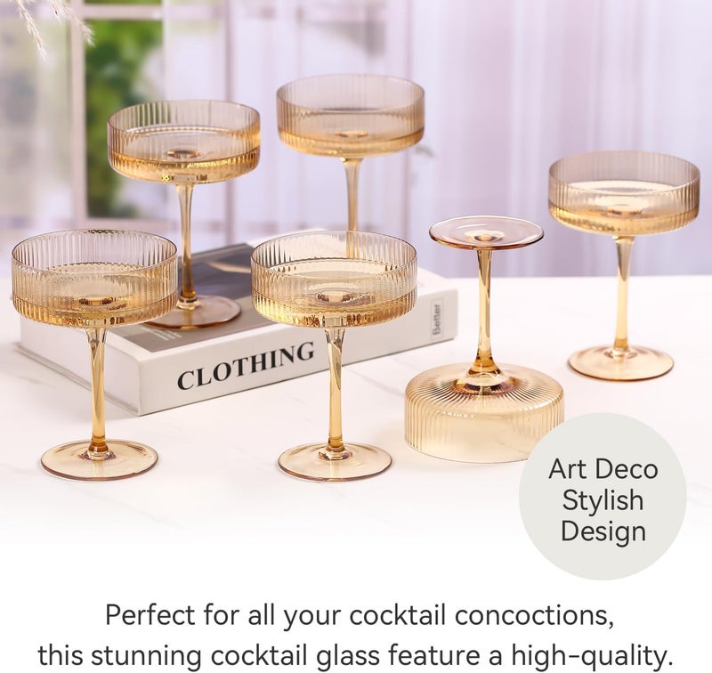 Cyrelwing Amber martini glasses Vintage Art Deco Amber Coupe Glasses Set of 6 Ribbed Martini Cocktail Glasses 9 oz|Vintage Cocktail Glasses Set,Unique Pink Coupe Glass, Classic Cocktail Galssware - Image 2