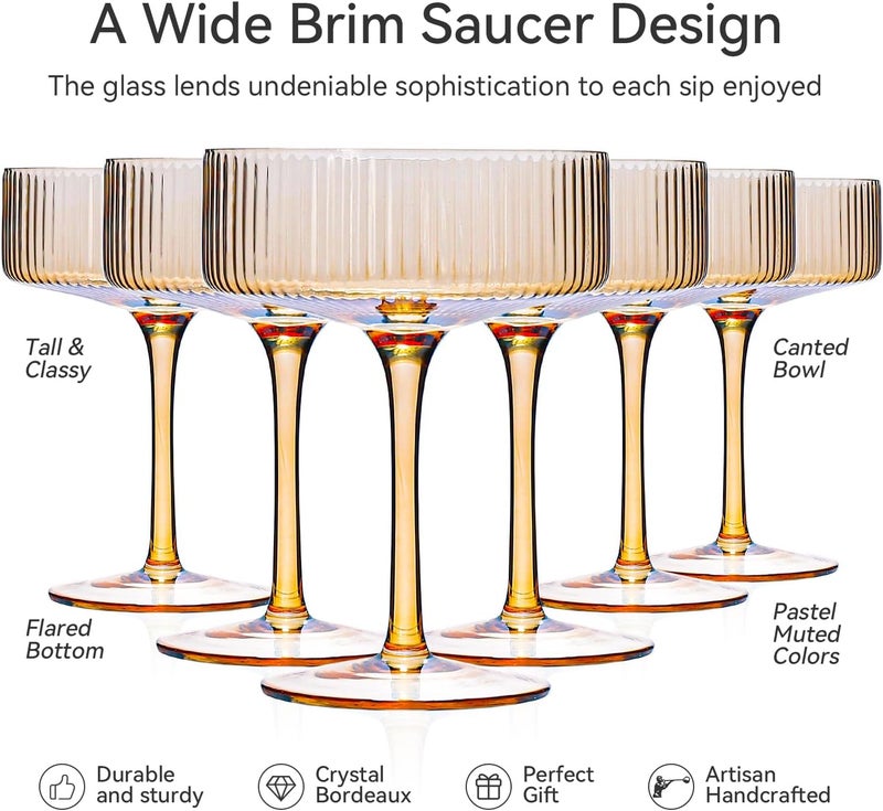 Cyrelwing Amber martini glasses Vintage Art Deco Amber Coupe Glasses Set of 6 Ribbed Martini Cocktail Glasses 9 oz|Vintage Cocktail Glasses Set,Unique Pink Coupe Glass, Classic Cocktail Galssware - Image 3