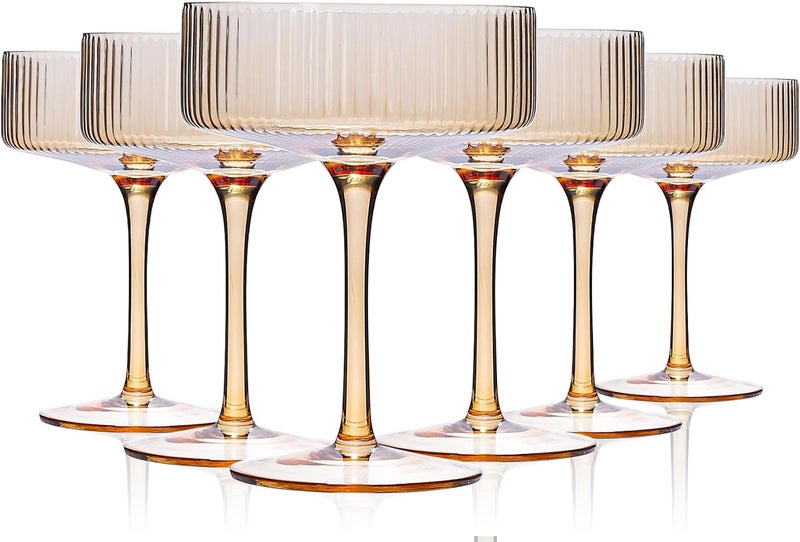 Cyrelwing Amber martini glasses Vintage Art Deco Amber Coupe Glasses Set of 6 Ribbed Martini Cocktail Glasses 9 oz|Vintage Cocktail Glasses Set,Unique Pink Coupe Glass, Classic Cocktail Galssware - Image 1