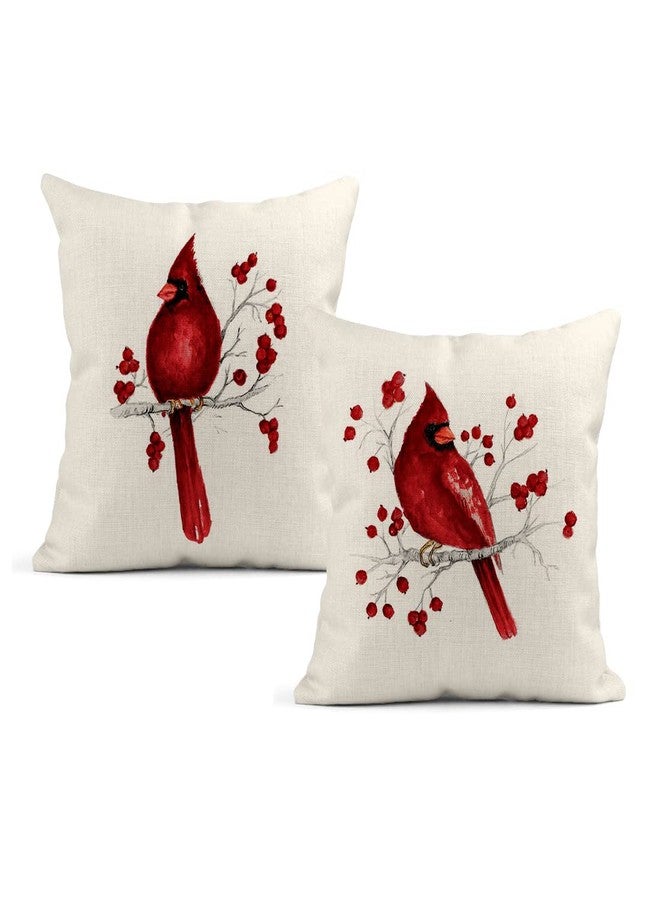 LOKMU Set of 2 Throw Pillow Covers Winter Christmas Cardinal Bird Red Berries Square Linen Home Decorative Cushion Covers Pillowcases for Outdoor Bed Sofa Bar Wedding Couch Family 18x18 inches - Image 1