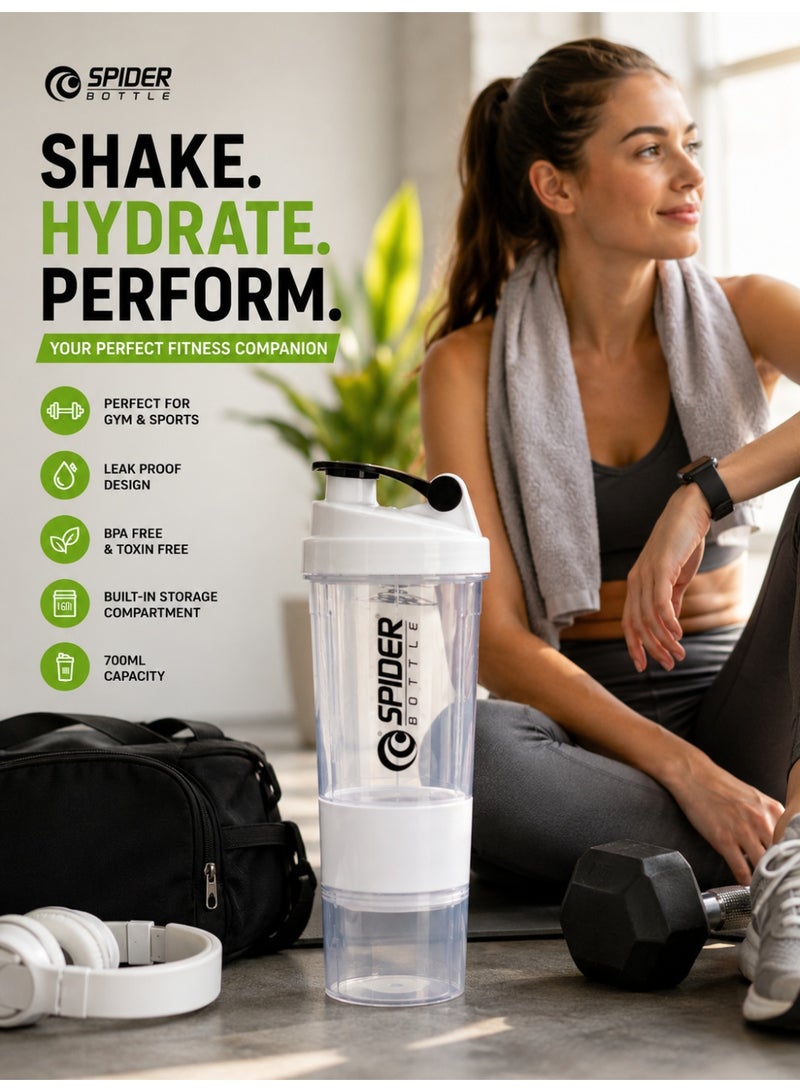 Spider Shaker Bottle 700ml with Storage Compartment | Leak Proof | BPA Free | Protein Mixer Bottle | White - Image 2