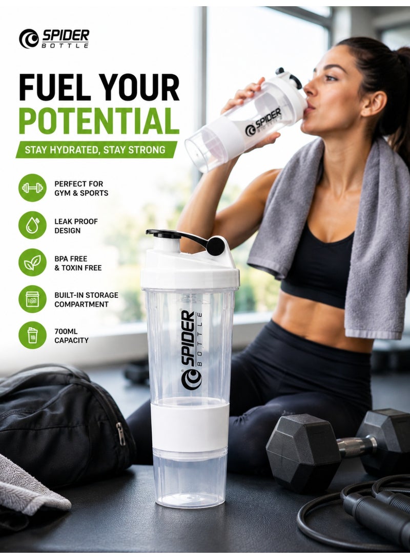 Spider Shaker Bottle 700ml with Storage Compartment | Leak Proof | BPA Free | Protein Mixer Bottle | White - Image 4