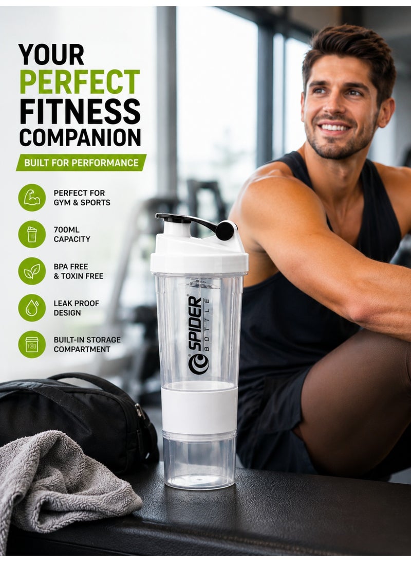 Spider Shaker Bottle 700ml with Storage Compartment | Leak Proof | BPA Free | Protein Mixer Bottle | White - Image 3