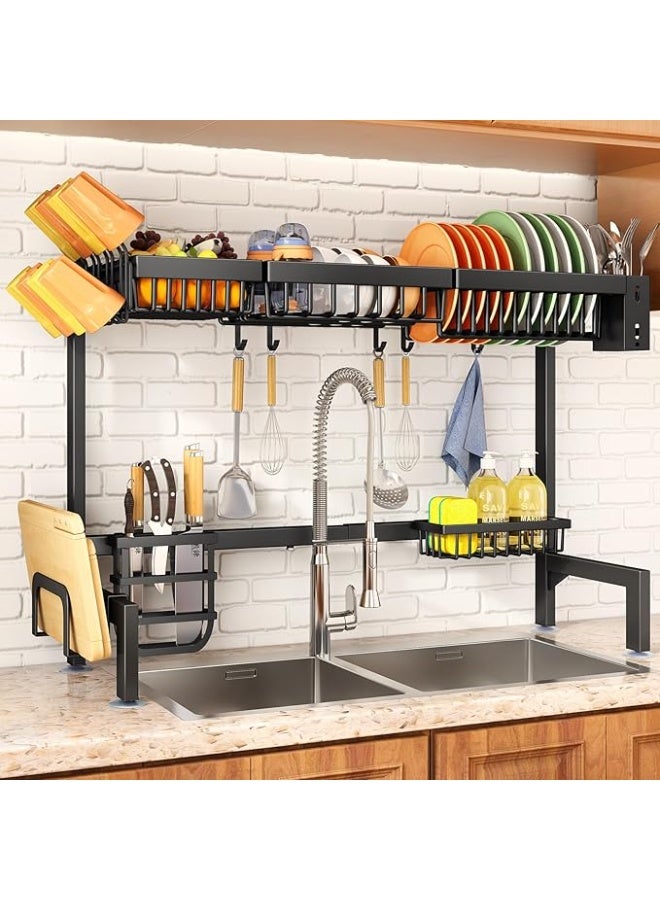 رف تجفيف الأطباق فوق الحوض مع سلة فاكهة، رف تجفيف أطباق من طبقتين قابل للتعديل (33.8 إلى 41.5 بوصة)، حامل أدوات مائدة قابل للتوسيع بخطاف معدني، أسود