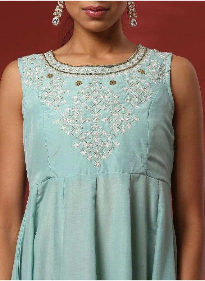 Abhishti Sleeveless embroidered dress with cropped jacket-sea green