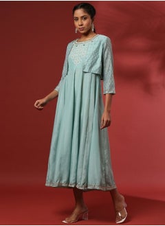 Abhishti Sleeveless embroidered dress with cropped jacket-sea green  - Image 4
