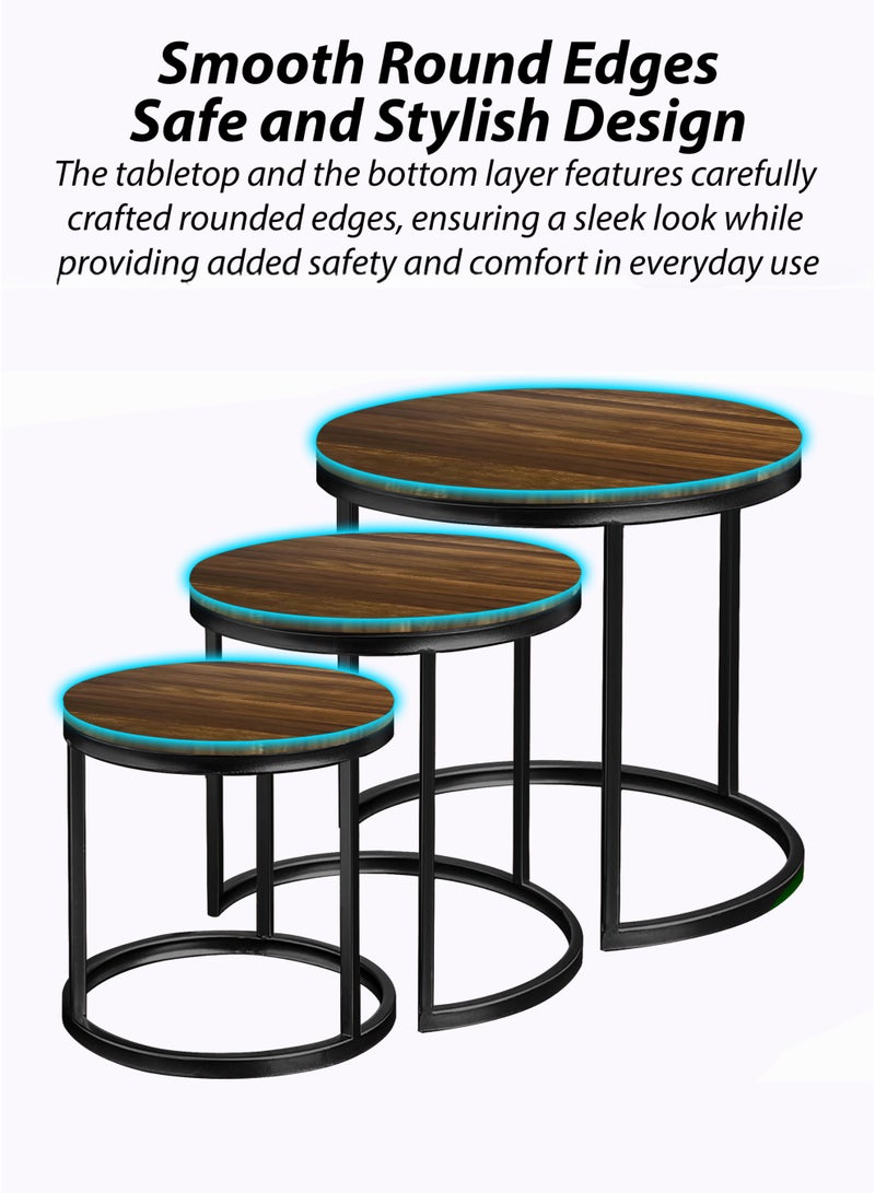 DBLEW 3 Pieces Round Nesting Side Table Set Minimalist Coffee Tables Wood Top Accent Tables Industrial End Tables For Home Office Living Room Hall And Small Spaces Sofa Centre Teapoy Table - Image 4