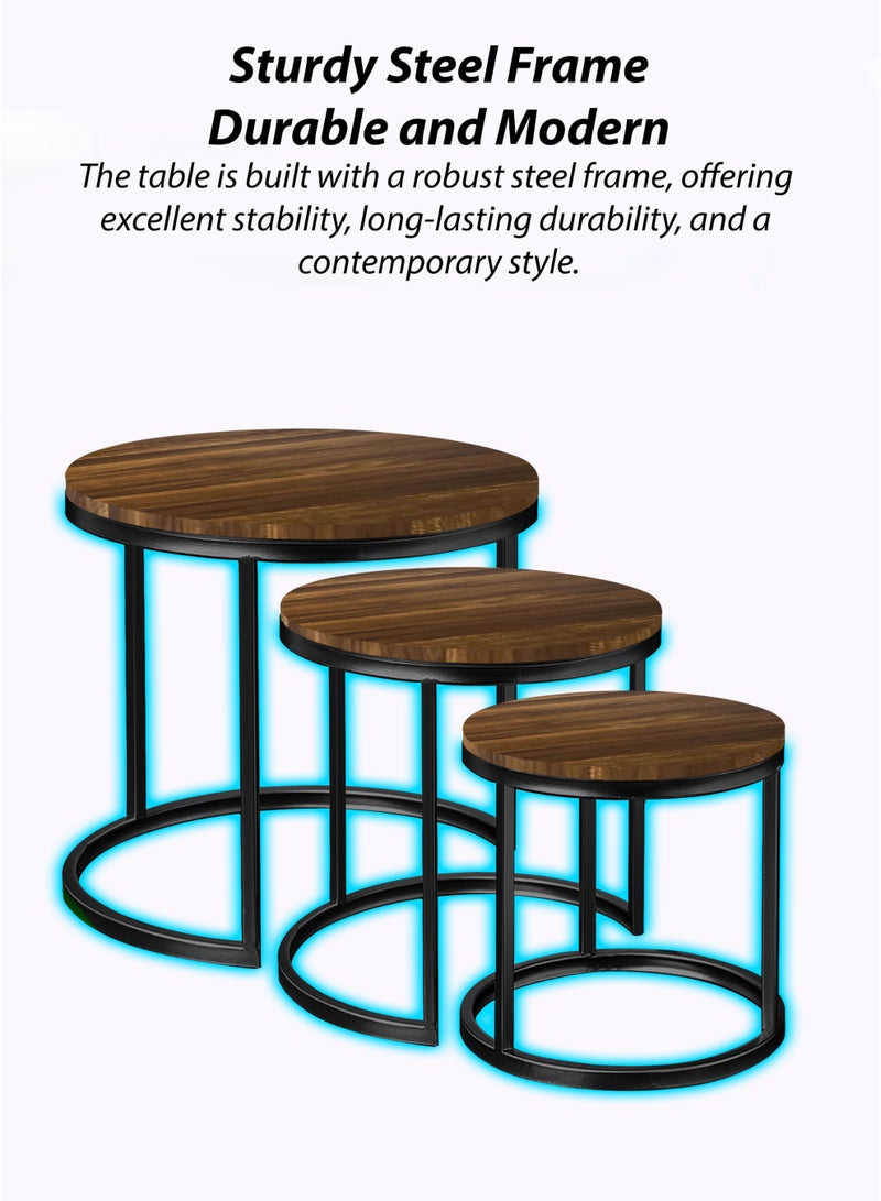 DBLEW 3 Pieces Round Nesting Side Table Set Minimalist Coffee Tables Wood Top Accent Tables Industrial End Tables For Home Office Living Room Hall And Small Spaces Sofa Centre Teapoy Table - Image 3