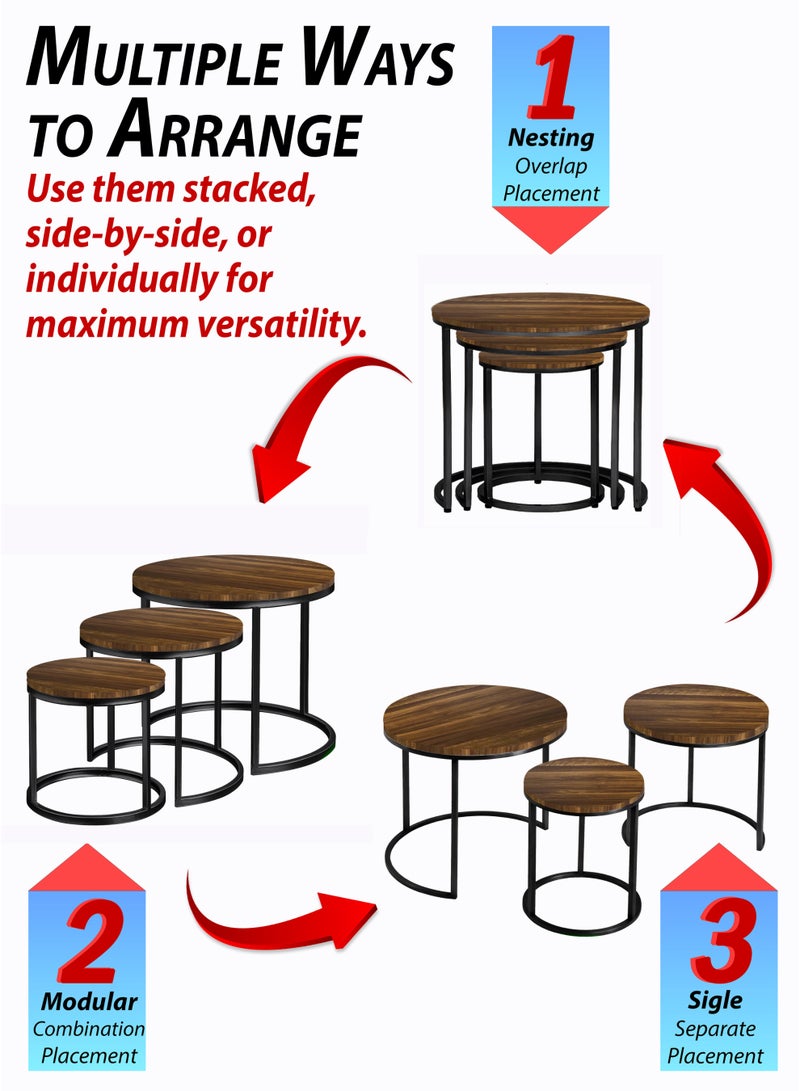 DBLEW 3 Pieces Round Nesting Side Table Set Minimalist Coffee Tables Wood Top Accent Tables Industrial End Tables For Home Office Living Room Hall And Small Spaces Sofa Centre Teapoy Table - Image 5
