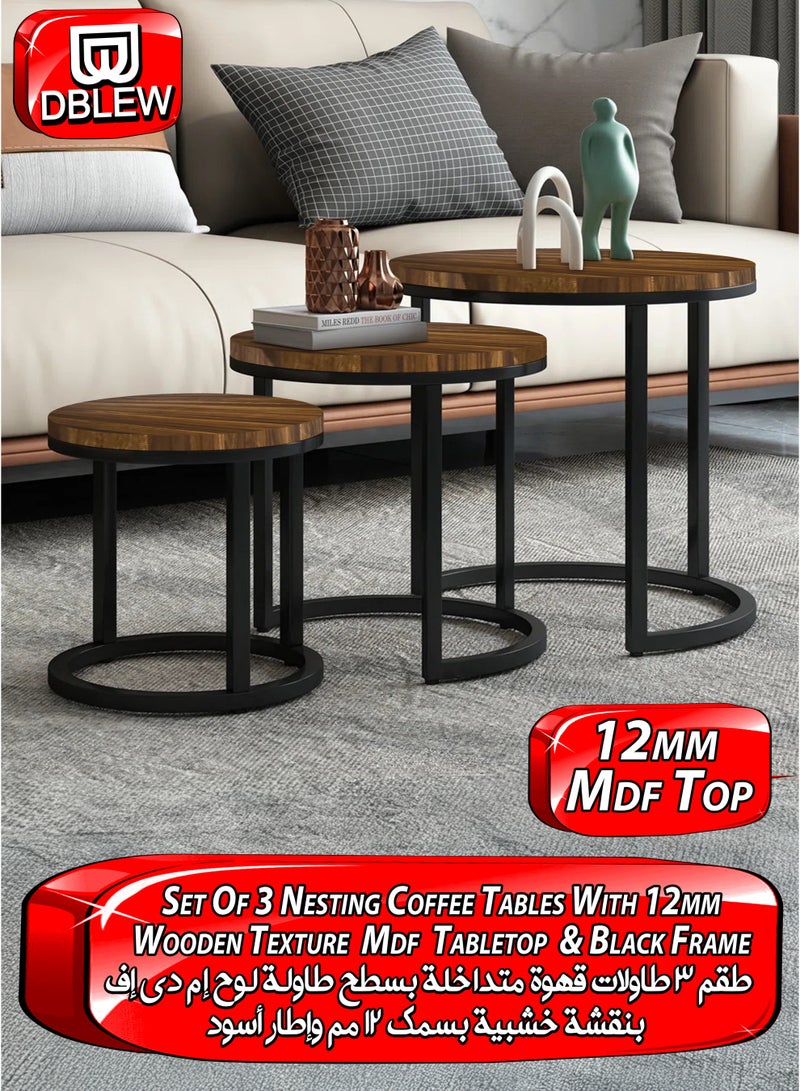 DBLEW 3 Pieces Round Nesting Side Table Set Minimalist Coffee Tables Wood Top Accent Tables Industrial End Tables For Home Office Living Room Hall And Small Spaces Sofa Centre Teapoy Table - Image 1