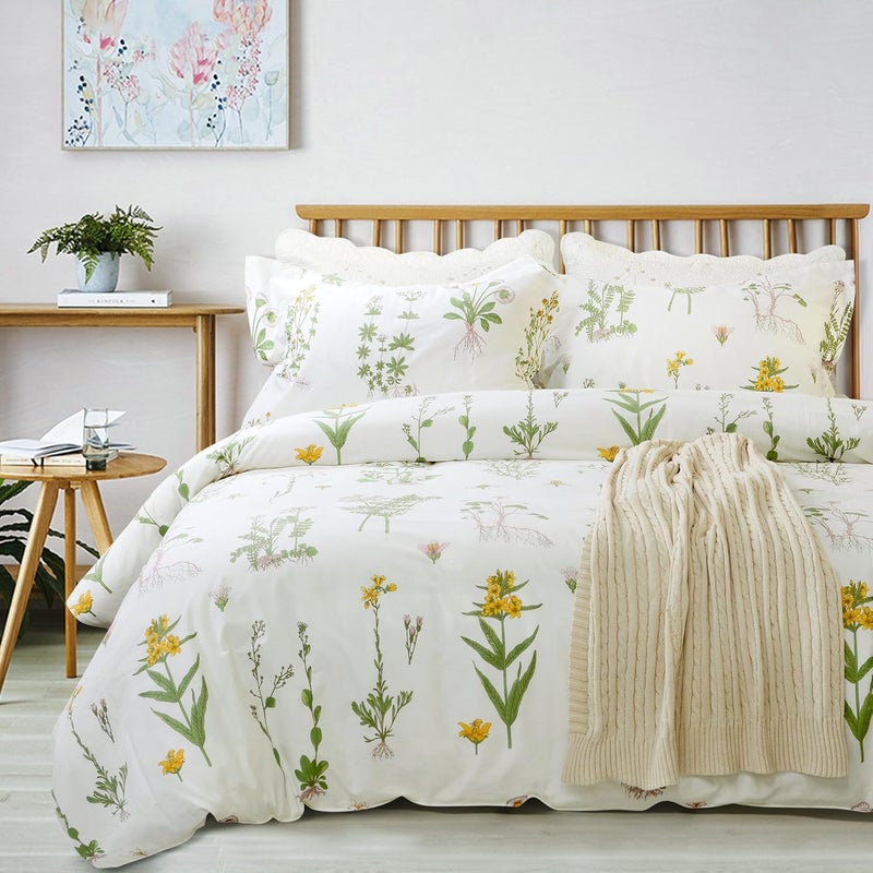 FADFAY Shabby Floral Duvet Cover Set White and Green Cotton Bedding Set with Hidden Zipper Closure 3 Pieces, 1duvet Cover & 2pillowcases (Queen Size, Simple Style) - Image 3
