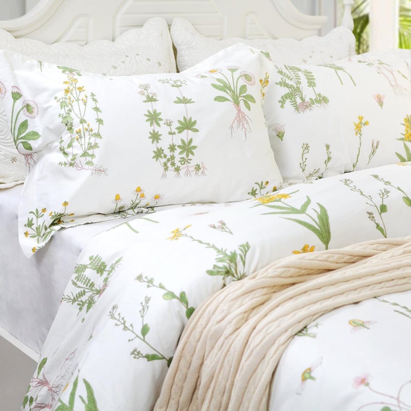 FADFAY Shabby Floral Duvet Cover Set White and Green Cotton Bedding Set with Hidden Zipper Closure 3 Pieces, 1duvet Cover & 2pillowcases (Queen Size, Simple Style) - Image 2