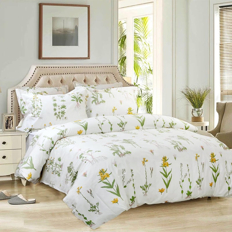 FADFAY Shabby Floral Duvet Cover Set White and Green Cotton Bedding Set with Hidden Zipper Closure 3 Pieces, 1duvet Cover & 2pillowcases (Queen Size, Simple Style) - Image 1