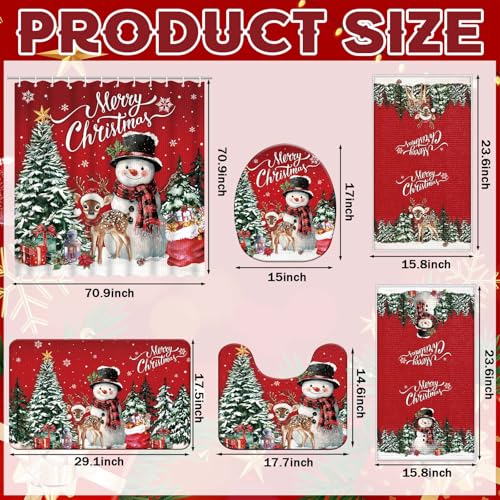 Nuanchu 6 Pcs Christmas Shower Curtain Set with Rug Bathroom Sets with Shower Curtain Bath Mat U Shaped Mat Toilet Lid Cover 2 Bath Towels and 12 Hooks Red Christmas Snowman Bathroom Decor - Image 3
