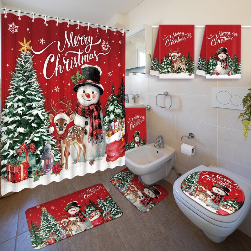 Nuanchu 6 Pcs Christmas Shower Curtain Set with Rug Bathroom Sets with Shower Curtain Bath Mat U Shaped Mat Toilet Lid Cover 2 Bath Towels and 12 Hooks Red Christmas Snowman Bathroom Decor - Image 2