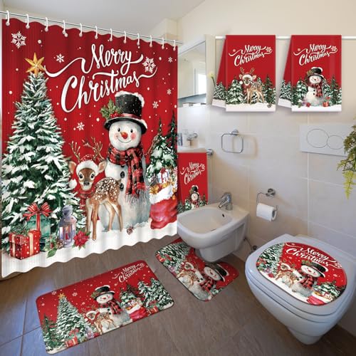 Nuanchu 6 Pcs Christmas Shower Curtain Set with Rug Bathroom Sets with Shower Curtain Bath Mat U Shaped Mat Toilet Lid Cover 2 Bath Towels and 12 Hooks Red Christmas Snowman Bathroom Decor - Image 1