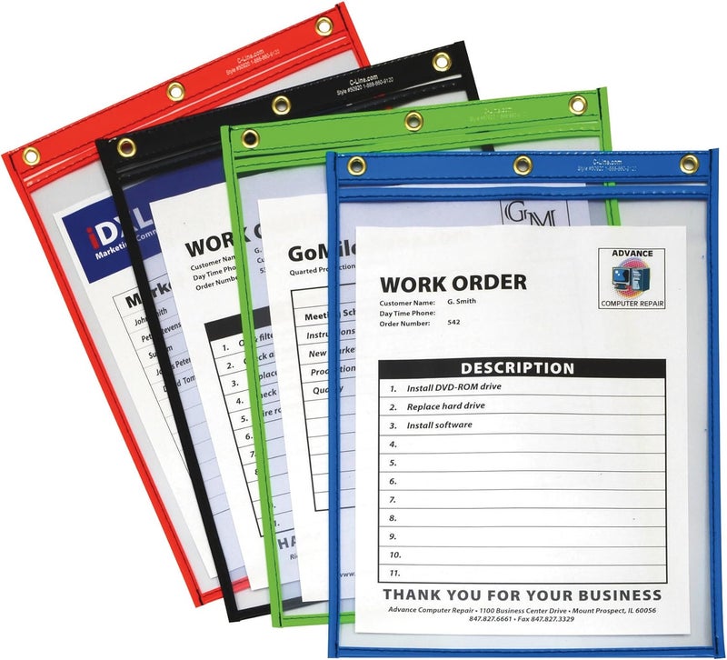 C-Line Heavy Duty Super Heavyweight Plus Stitched Shop Ticket Holder, Assorted Colors, 9 x 12 Inches, Box of 20 Shop Ticket Holders (50920) - Image 1