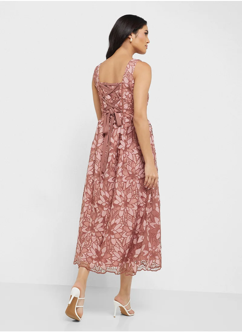 جاست مي Floral Lace Detail Square Neck Back Lace Up Maxi Dress