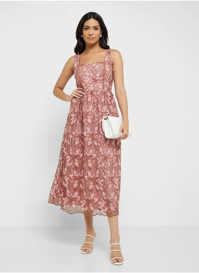 جاست مي Floral Lace Detail Square Neck Back Lace Up Maxi Dress