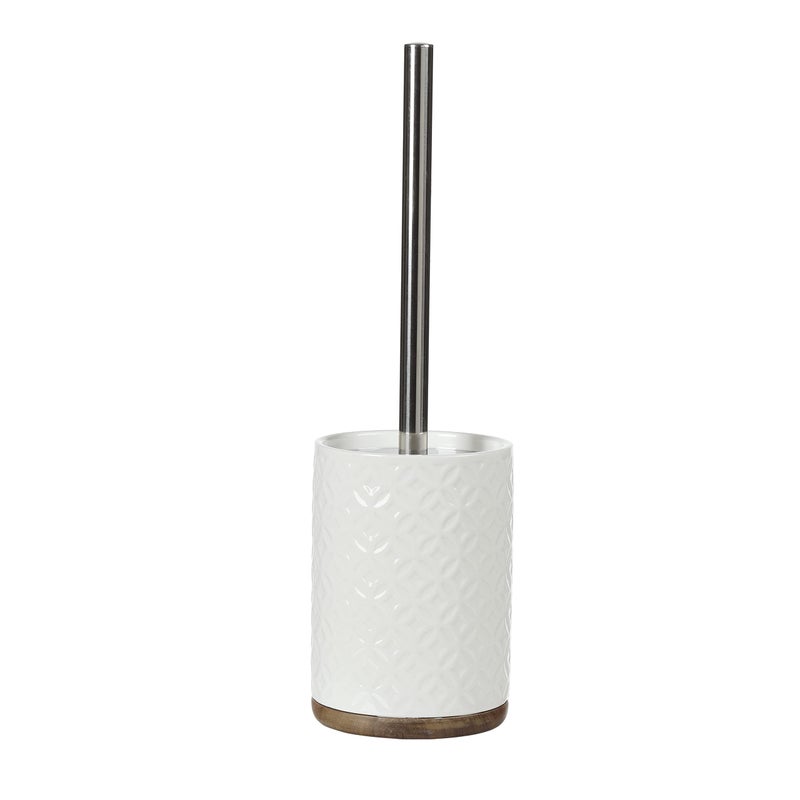Motifeur Bathroom Accessories Ceramic Toilet Brush Set  Toilet Bowl Brush and Holder with Wooden Base White and Beige