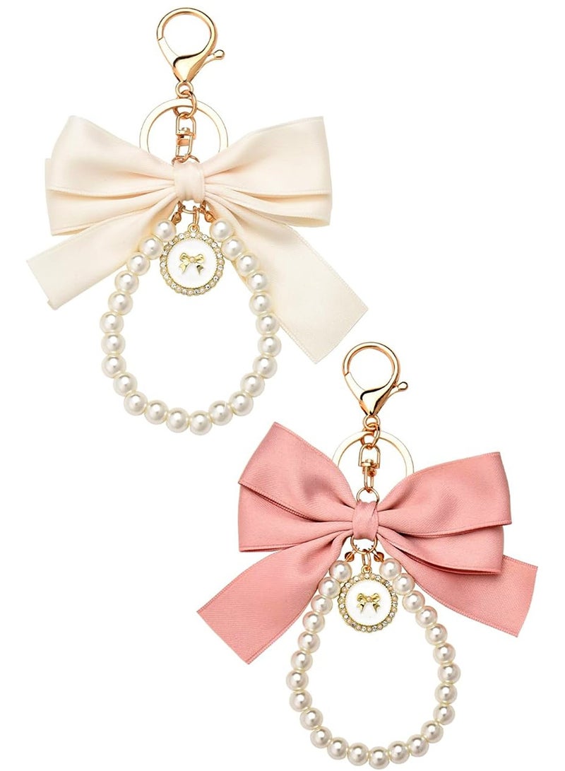 2Pcs Bow Keychain Cute Keychain Wristlet Pearl Key Chains for Car Keys Bow Keychain Accessories Women Girls Handbags Backpack Wallet Cute Keychain Bracelets - Image 1