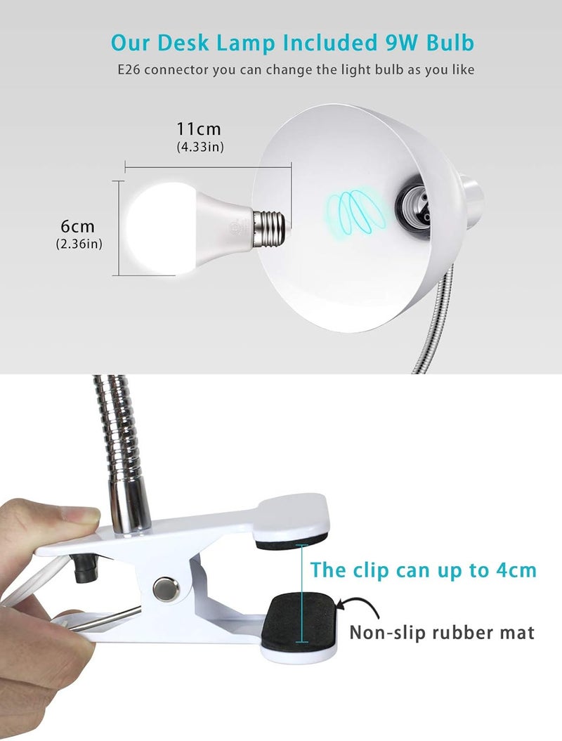 LALISU Desk lamp Eye-Caring Table Lamps, 360°Rotation Gooseneck Clip on Lamp Reading Light Portable Reading Book Light Clamp Study Desk Lamps for Bedroom and Office Home Lighting (White) - Image 5