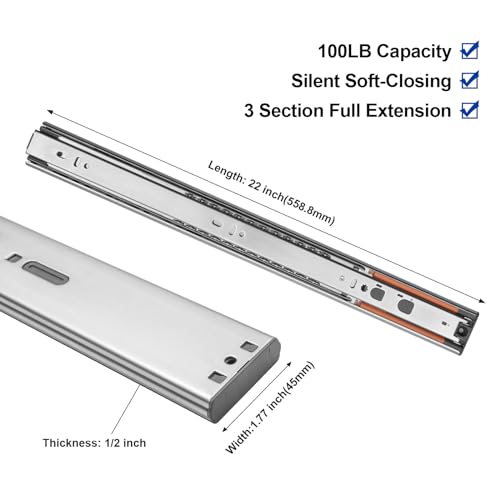 LONTAN 22 Inch Push to Open Soft Close Drawer Slides 1 Pair Full Extension Ball Bearing Heavy Duty Side Mount File Cabinet Rails Dresser Runner Kitchen Cabinet Drawer Glides 100 LB Capacity - Image 2