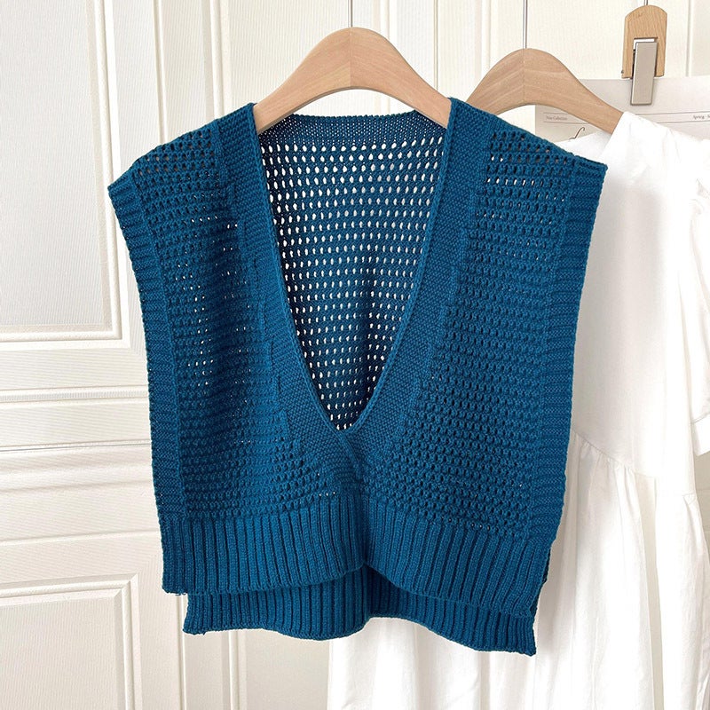 Autumn Knitted Wool Hat Small Shawl Women Simple Versatile Air Conditioning House Hollow Out Shoulder Backpack Trendy A shawl [Lake Blue]] 