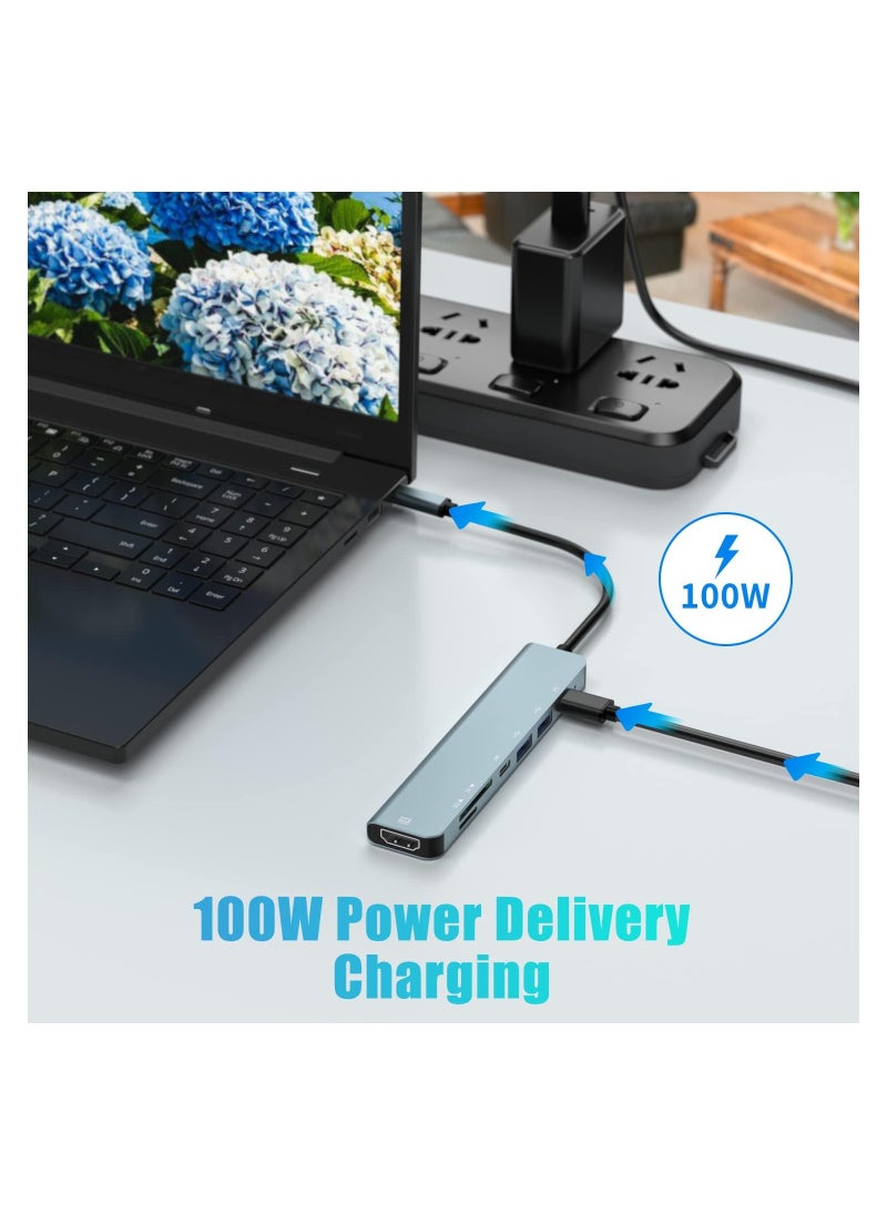 USB C Hub ,7 in 1 USB C Docking Station Type C Multiport Adapter, 4K@60HZ HDMI,USB-A, PD 100W ,USB-C,SD/TF Compatible for MacBook ,Type C Thunderbolt 3 Laptops