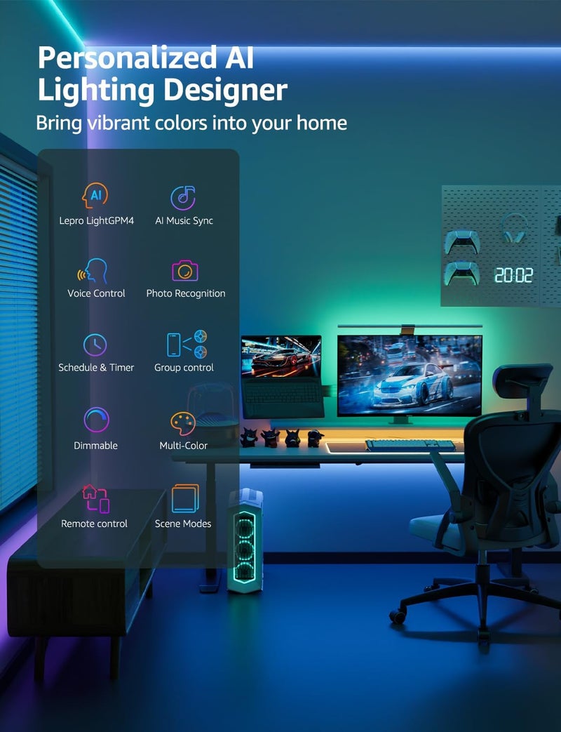 لايتنغ إيفر أضواء ليد شريطية ذكية RGB من Lepro SE1 بطول 5 أمتار، تحكم بالصوت والتطبيق، تعمل مع Alexa وGoogle Home، مزامنة الموسيقى، مساعد تصميم الإضاءة بالذكاء الاصطناعي، أضواء ليد متغيرة الألوان لغرفة النوم، واي فاي 2.4 جيجاهرتز، بدون جهاز تحكم عن بعد - Image 4