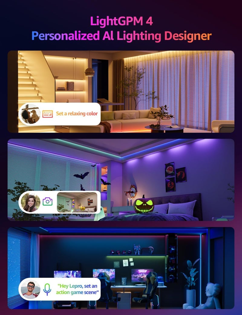 لايتنغ إيفر أضواء ليد شريطية ذكية RGB من Lepro SE1 بطول 5 أمتار، تحكم بالصوت والتطبيق، تعمل مع Alexa وGoogle Home، مزامنة الموسيقى، مساعد تصميم الإضاءة بالذكاء الاصطناعي، أضواء ليد متغيرة الألوان لغرفة النوم، واي فاي 2.4 جيجاهرتز، بدون جهاز تحكم عن بعد - Image 2